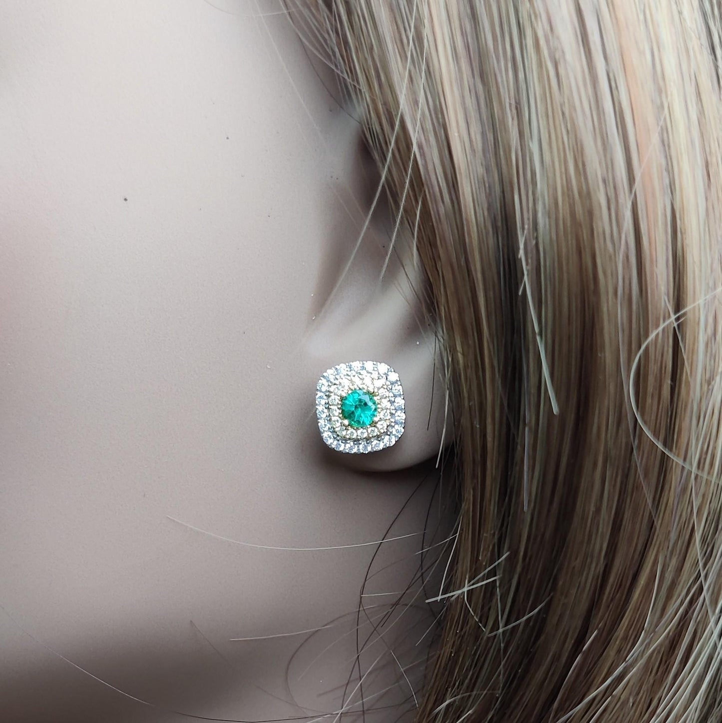 Natural Round Emerald and White Diamond .91 Carat TW Gold Stud Earrings