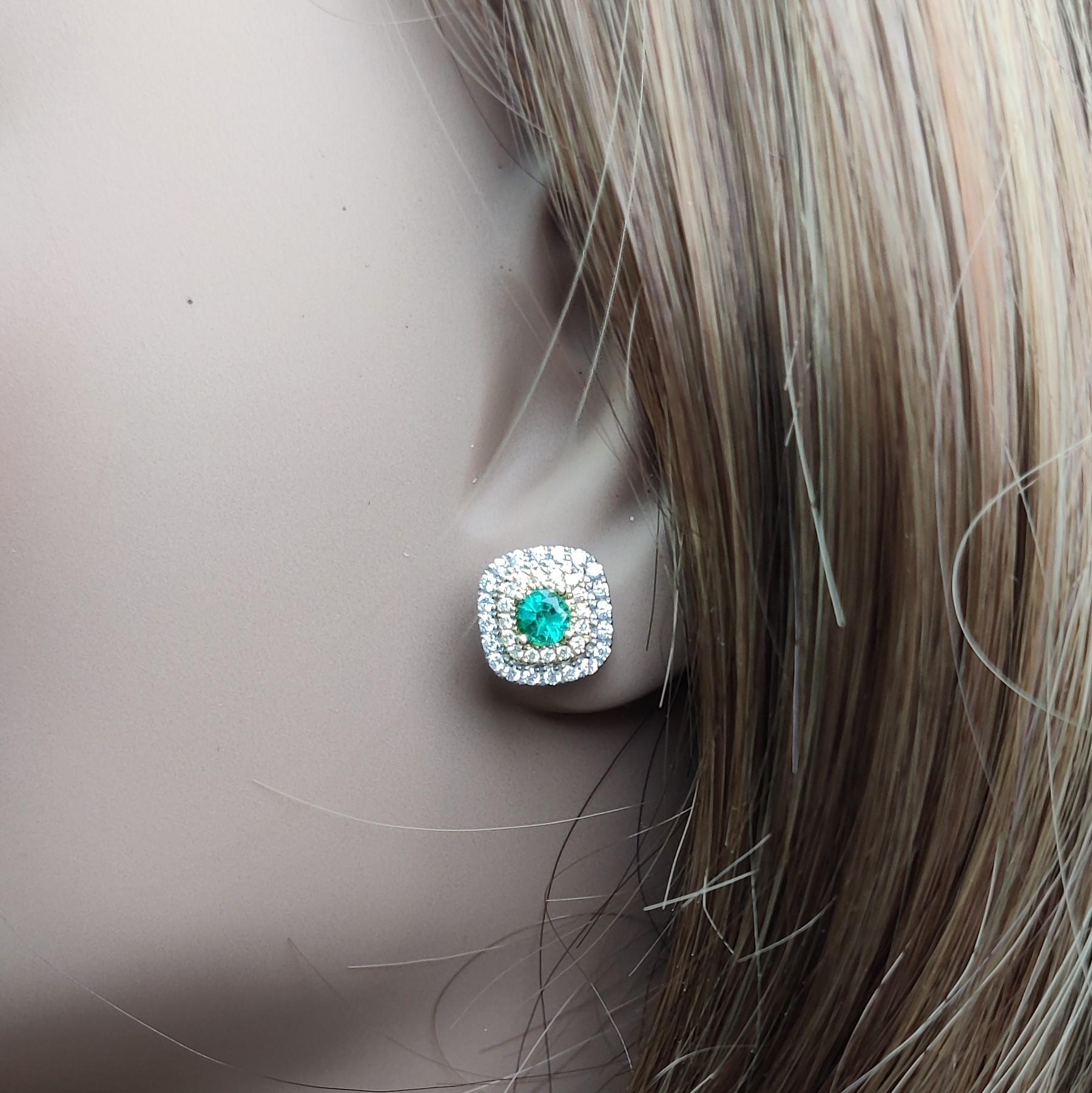 Natural Round Emerald and White Diamond .91 Carat TW Gold Stud Earrings