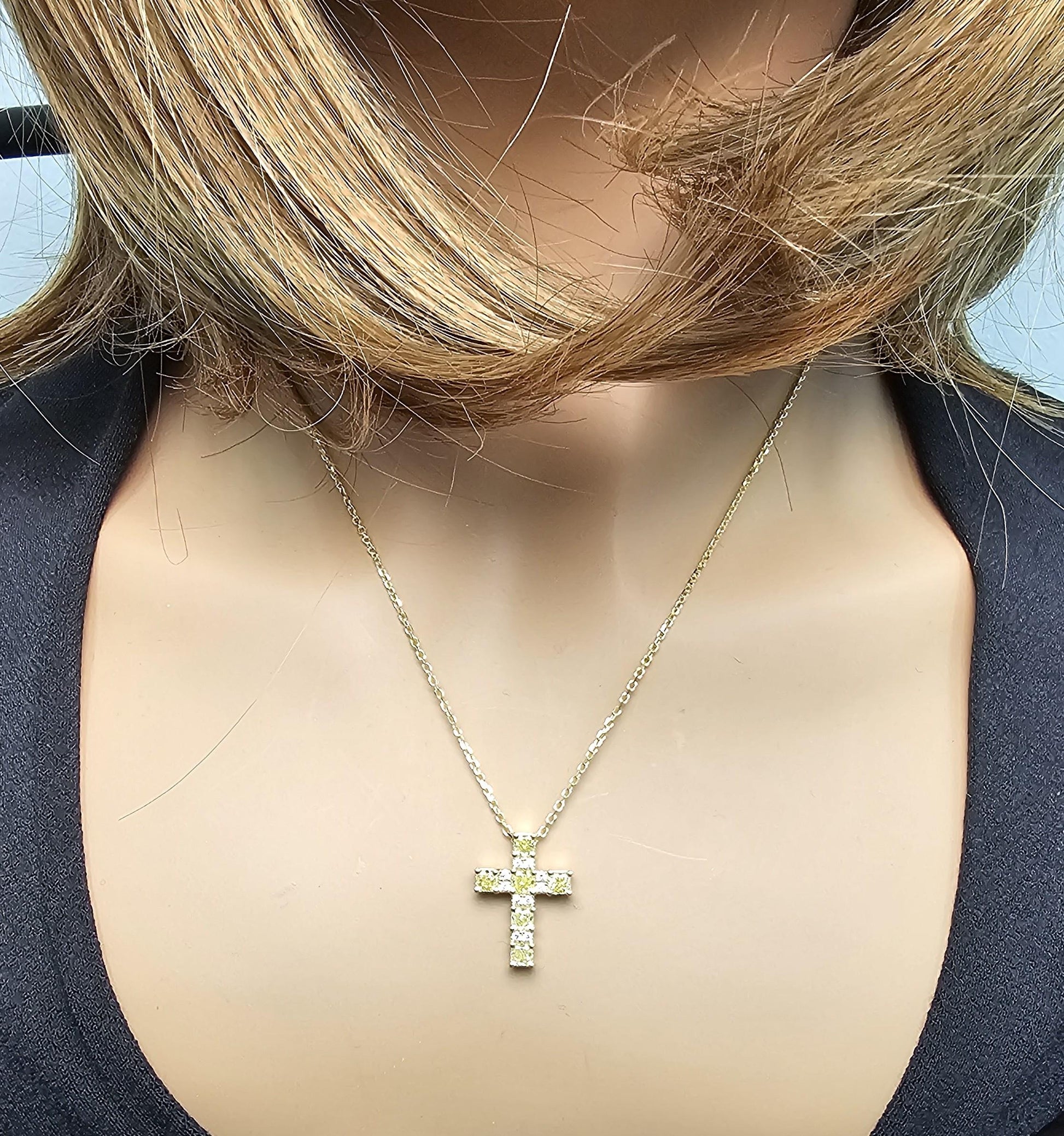 Natural Yellow Cushion and White Diamond 1.47 Carat TW Gold Cross Pendant
