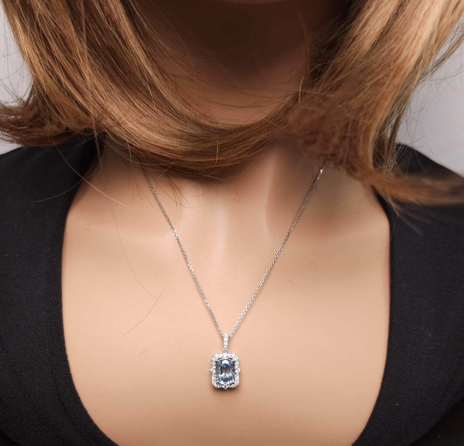 Natural Aquamarine Cushion Diamond 2.72 Carat TW Gold Drop Pendant