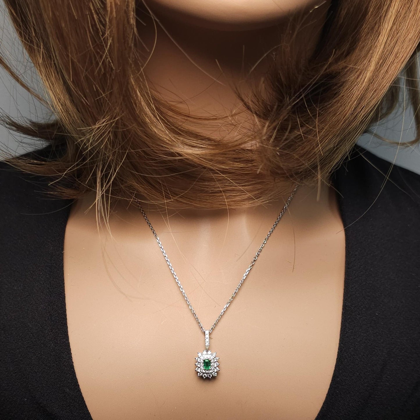 Natural Emerald and White Diamond 0.62 Carat TW White Gold Drop Pendant