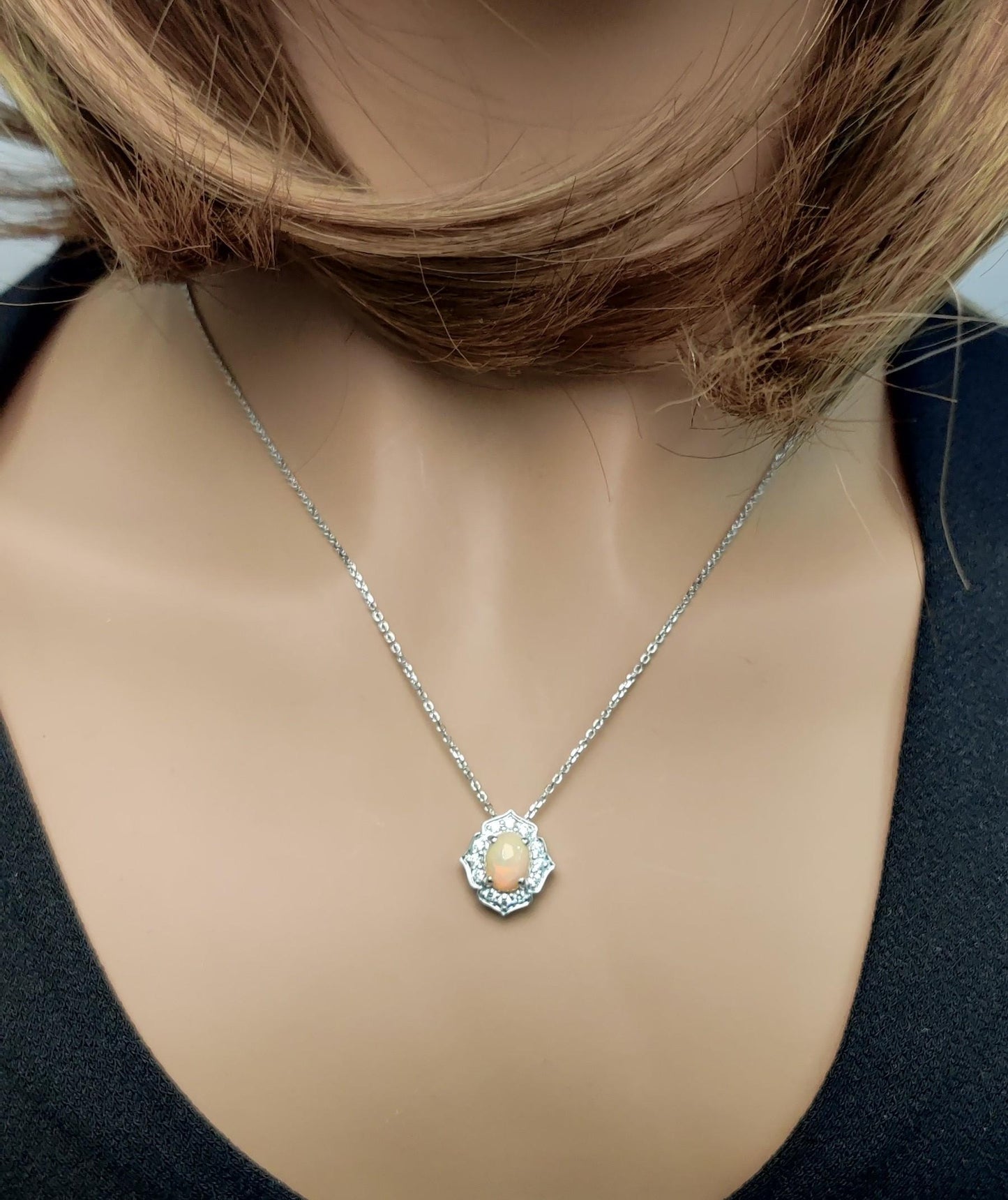 Natural Oval Opal and White Diamond 1.14 Carat TW Gold Drop Pendant