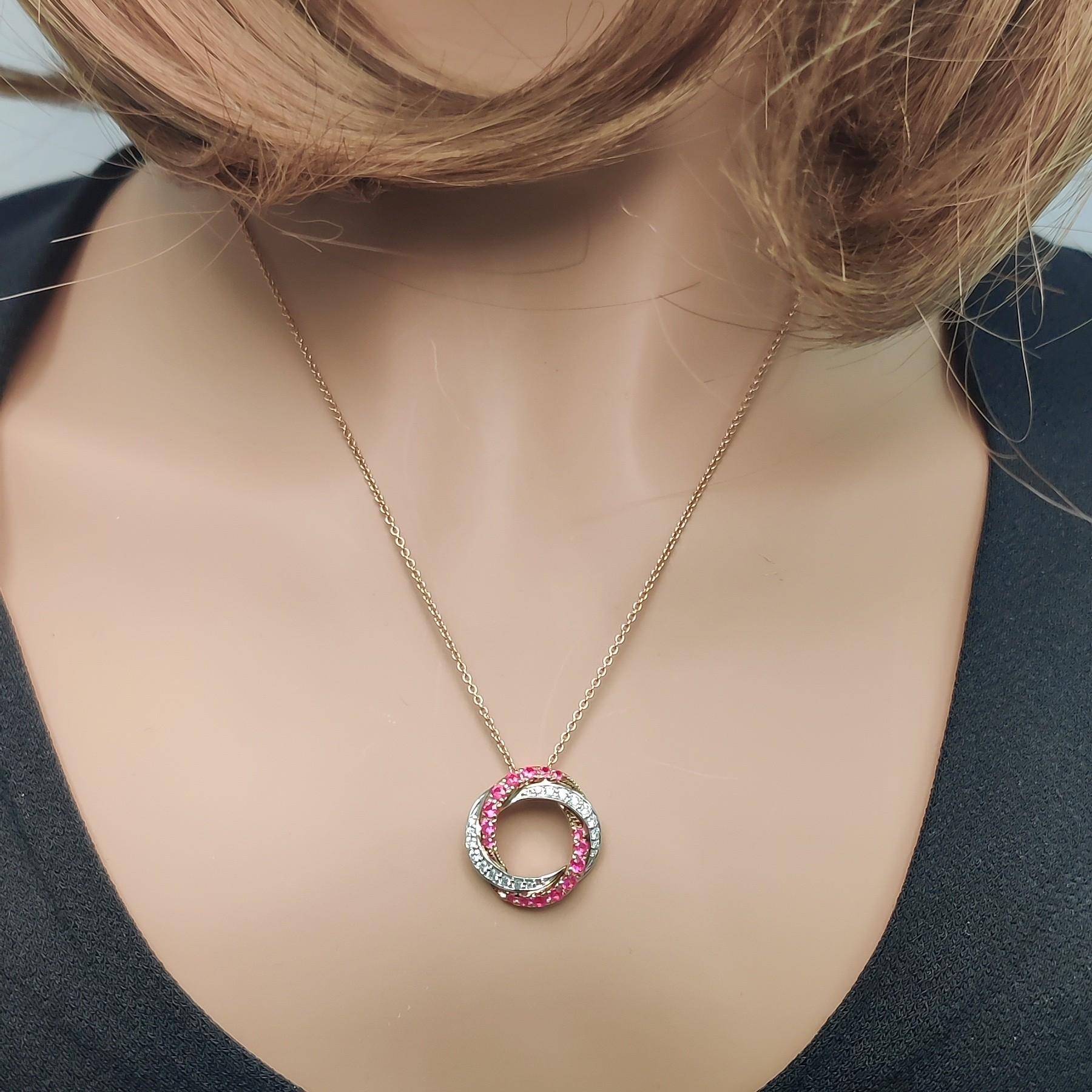 Natural Round Red Ruby and White Diamond .78 Carat TW Rose Gold Drop Pendant