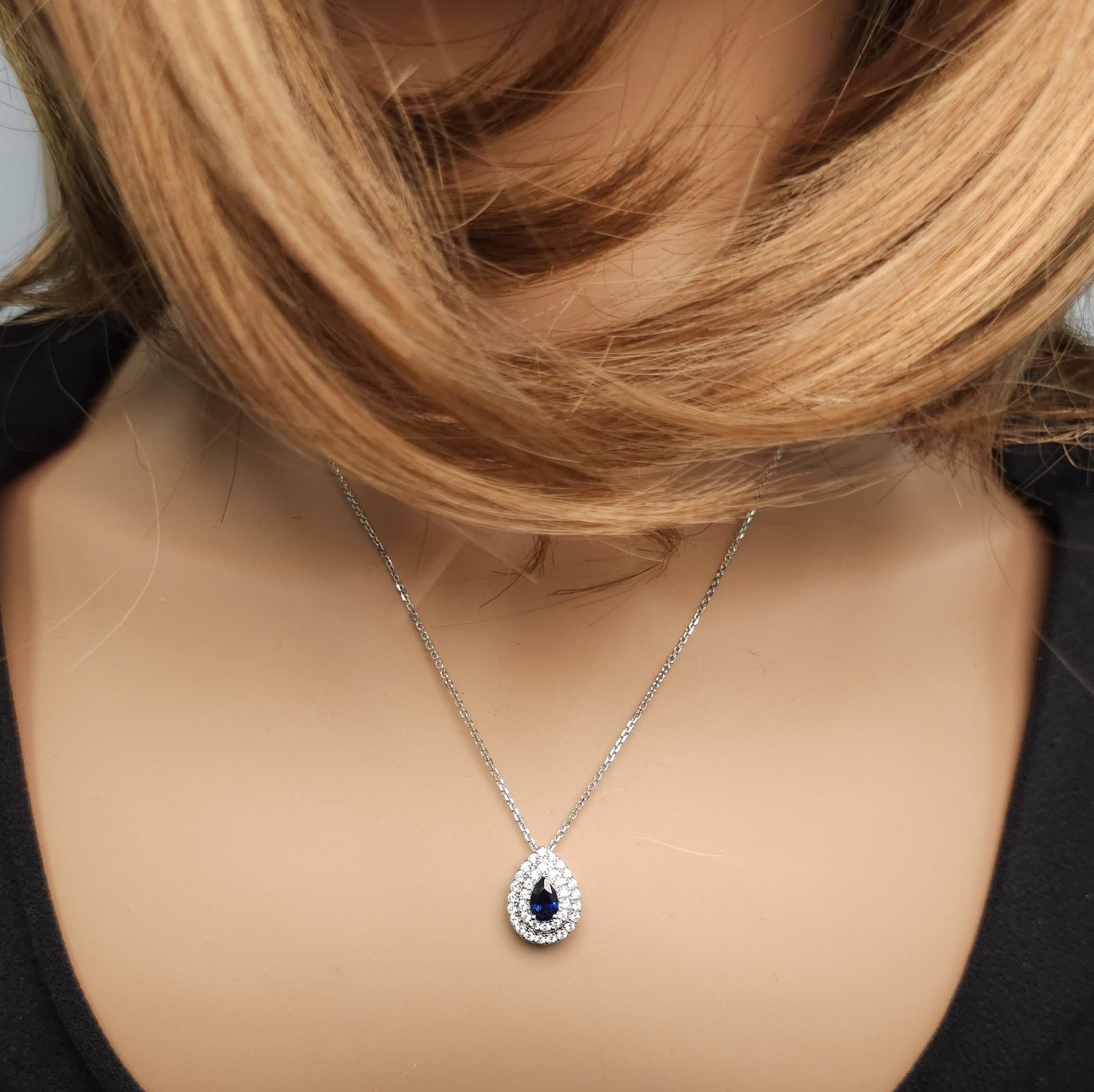 Natural Blue Pear Sapphire and White Diamond 0.73 Carat TW Gold Drop Pendant