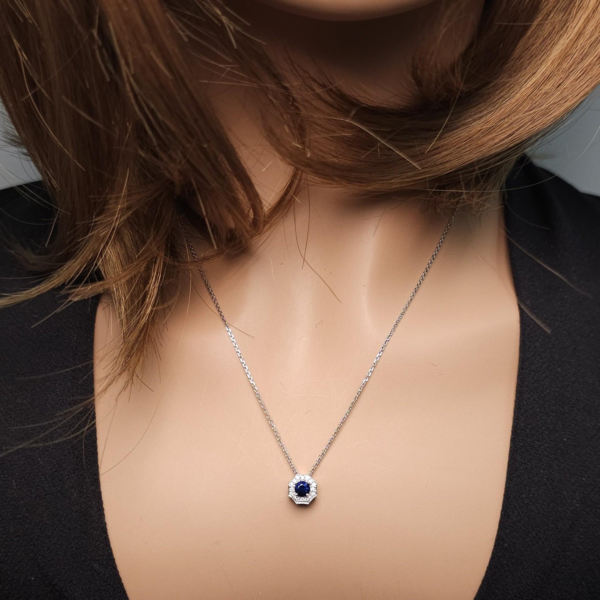 Natural Blue Round Sapphire and White Diamond 0.42 Carat TW Gold Drop Pendant