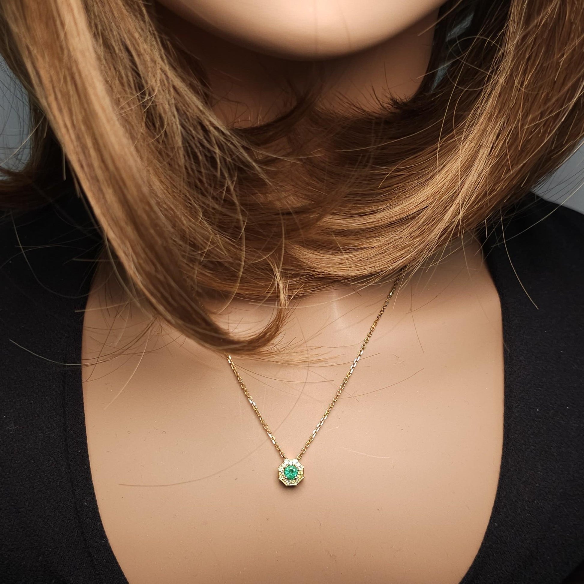 Natural Round Emerald and Yellow Diamond .36 Carat TW Gold Drop Pendant