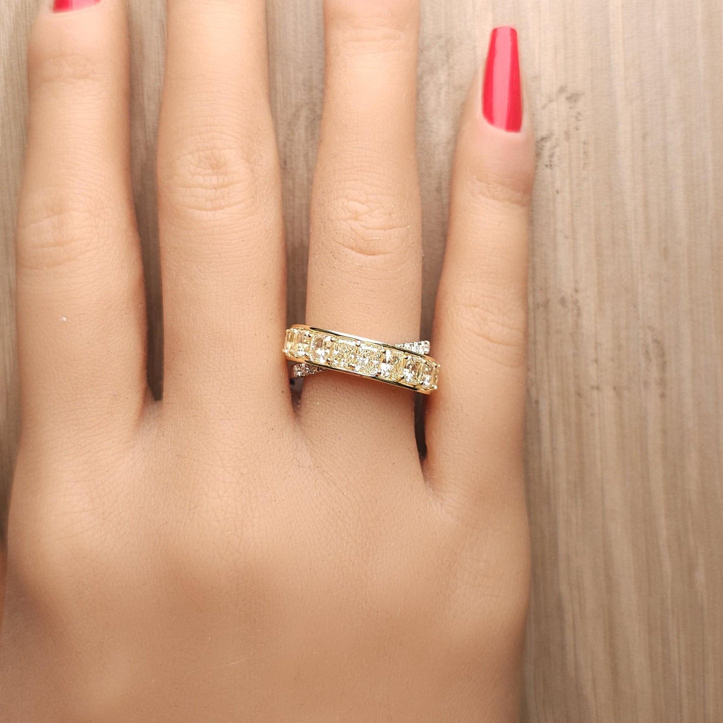 Natural Yellow Radiant Diamond 2.98 Carat TW Gold Cocktail Band