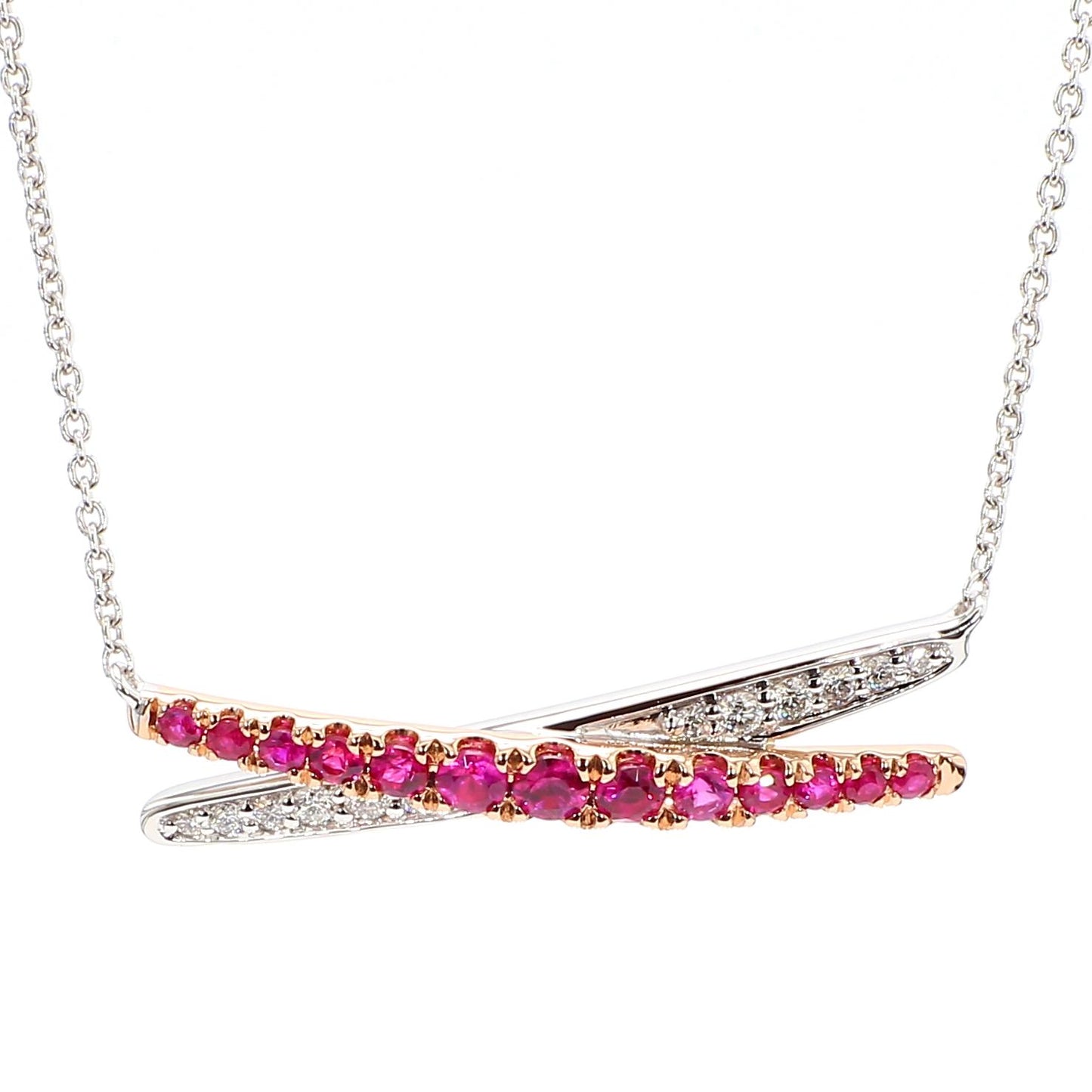 Natural Round Red Ruby and White Diamond .56 Carat TW Rose Gold Drop Necklace