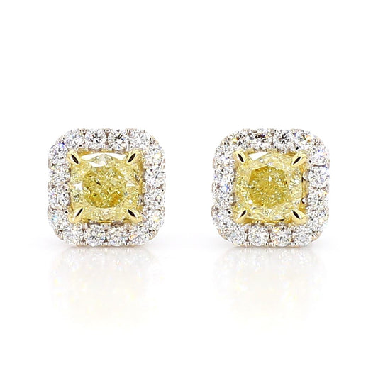 GIA Certified Natural Yellow Cushion Diamond 2.21 Carat TW Gold Stud Earrings