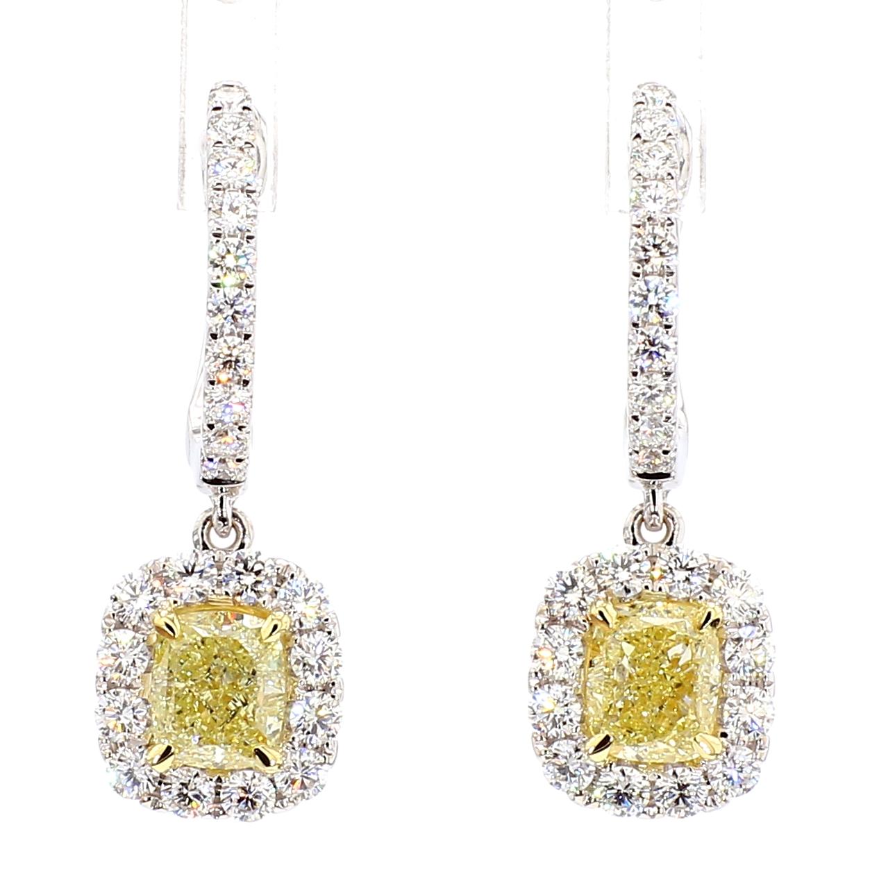 GIA Certified Natural Yellow Cushion Diamond 3.16 Carat TW Gold Drop Earrings