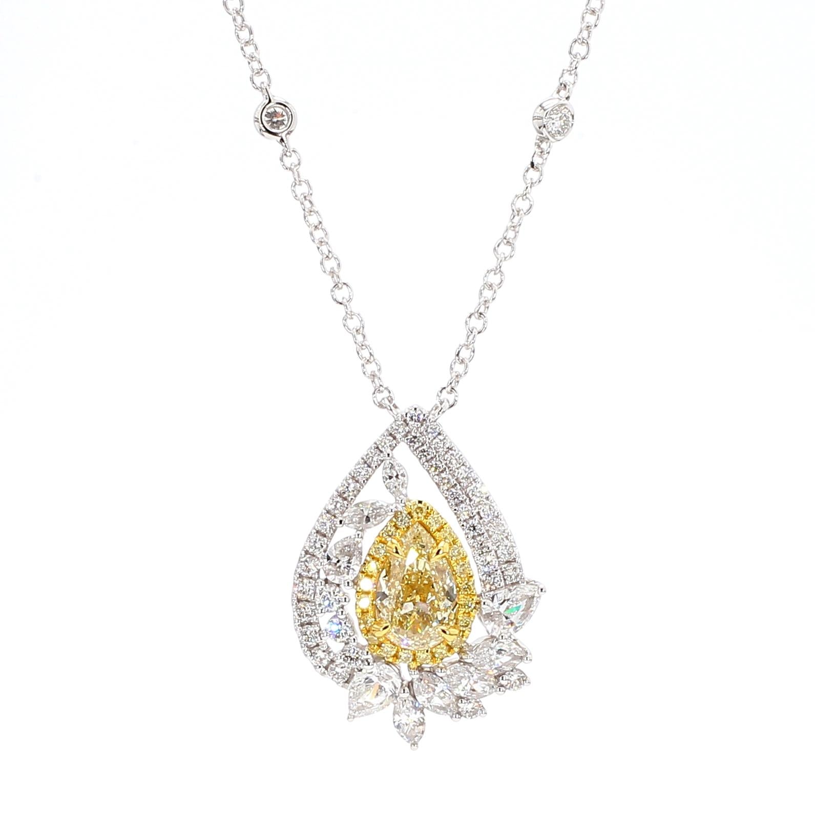 GIA Certified Natural Yellow Pear Diamond 3.16 Carat TW Gold Drop Pendant