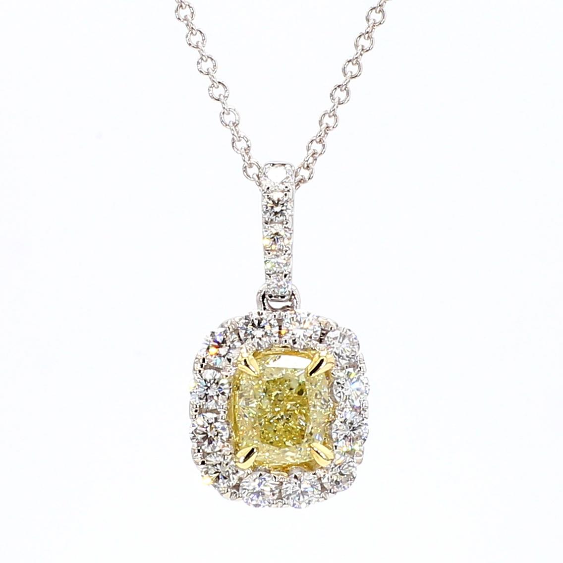 GIA Certified Natural Yellow Cushion Diamond 1.28 Carat TW Gold Drop Pendant