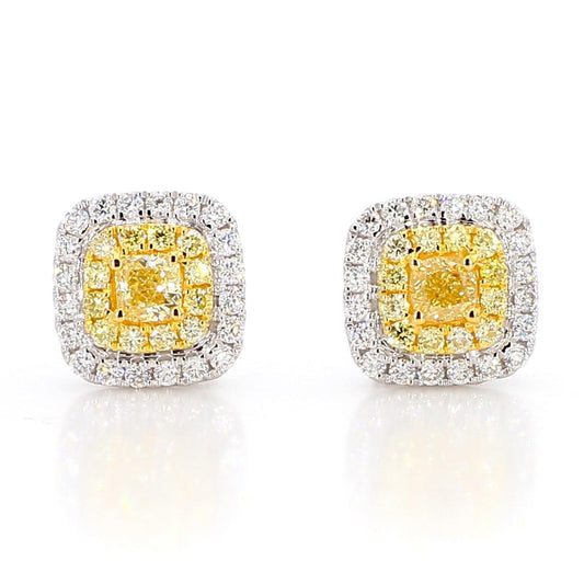 Natural Yellow Cushion Diamond 0.84 Carat TW Gold Stud Earrings