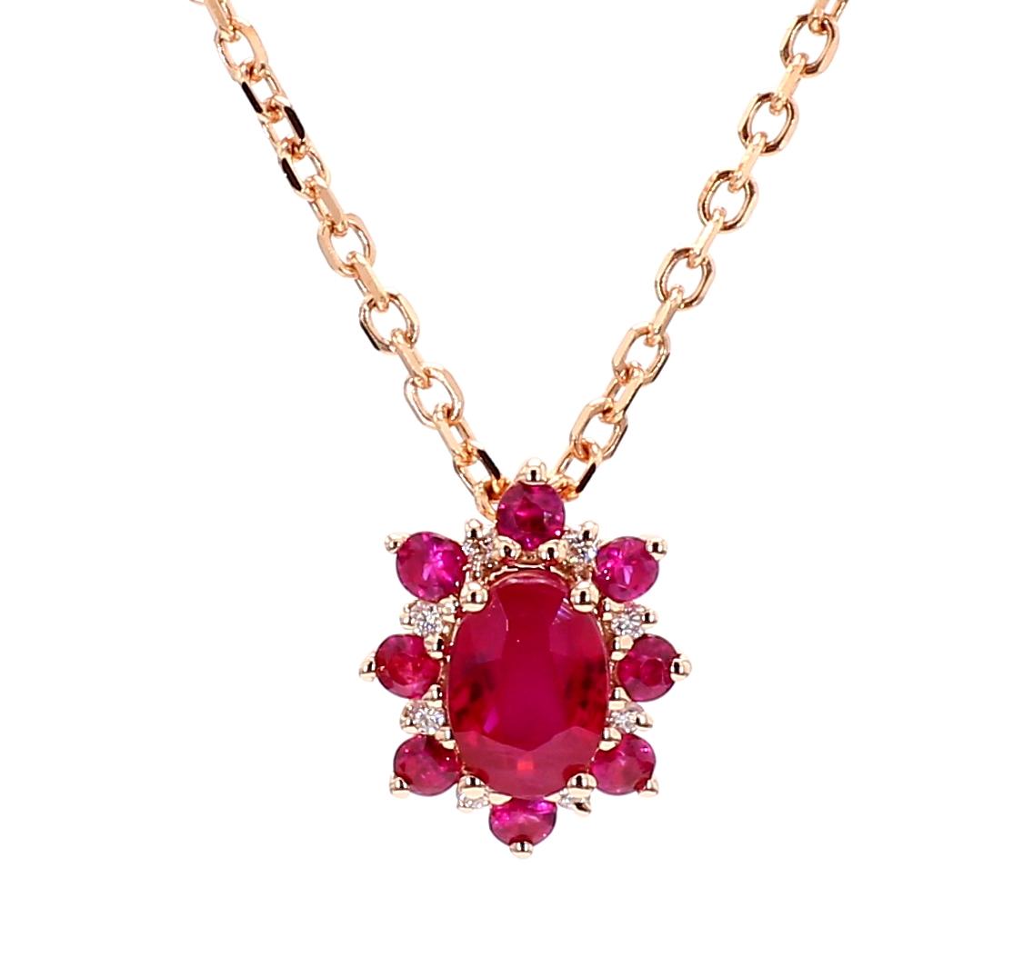 Natural Oval Red Ruby and White Diamond .83 Carat TW Rose Gold Pendant