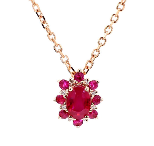 Natural Oval Red Ruby and White Diamond .83 Carat TW Rose Gold Pendant