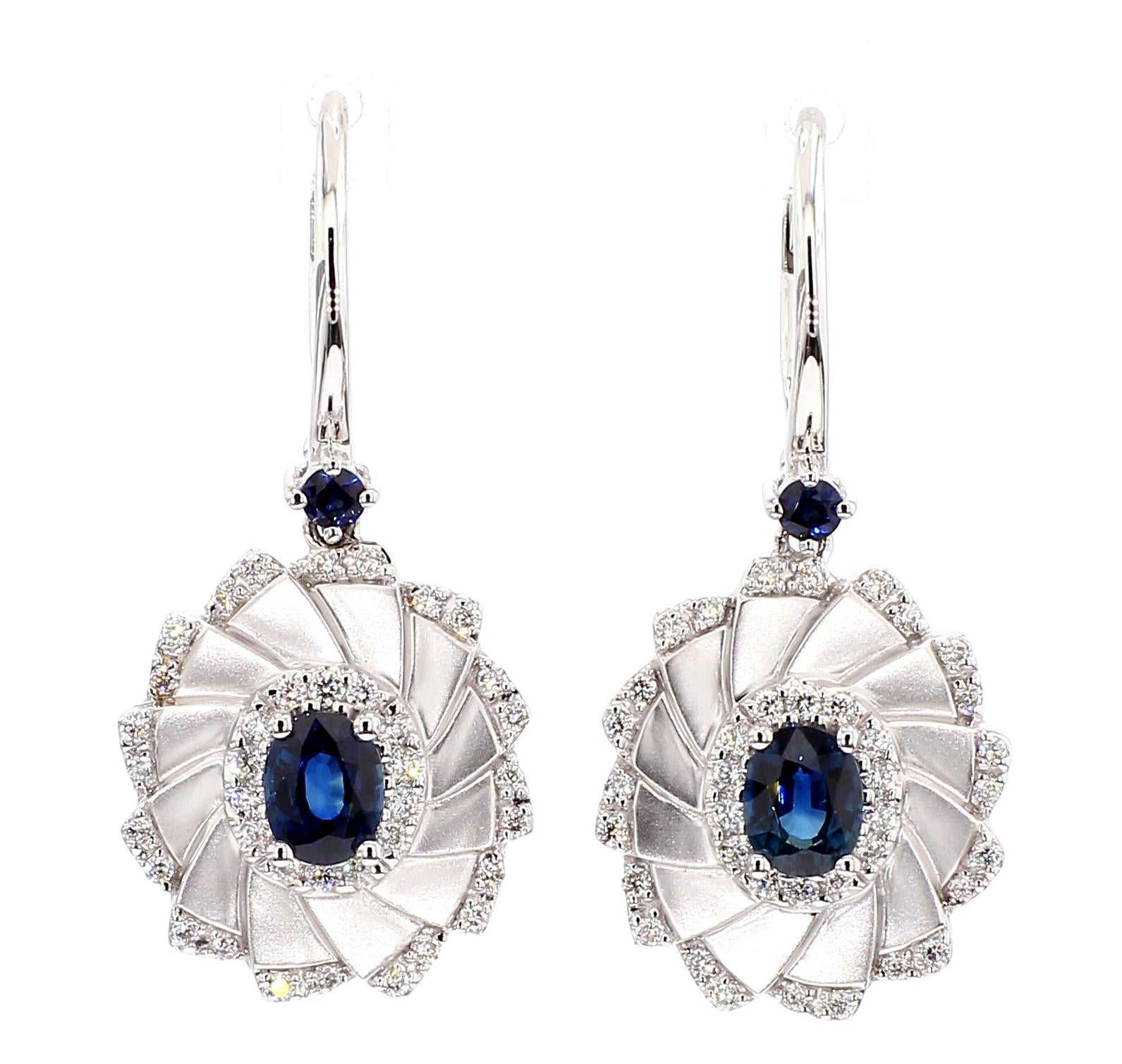 Natural Blue Oval Sapphire and White Diamond 1.37 Carat TW Gold Drop Earrings