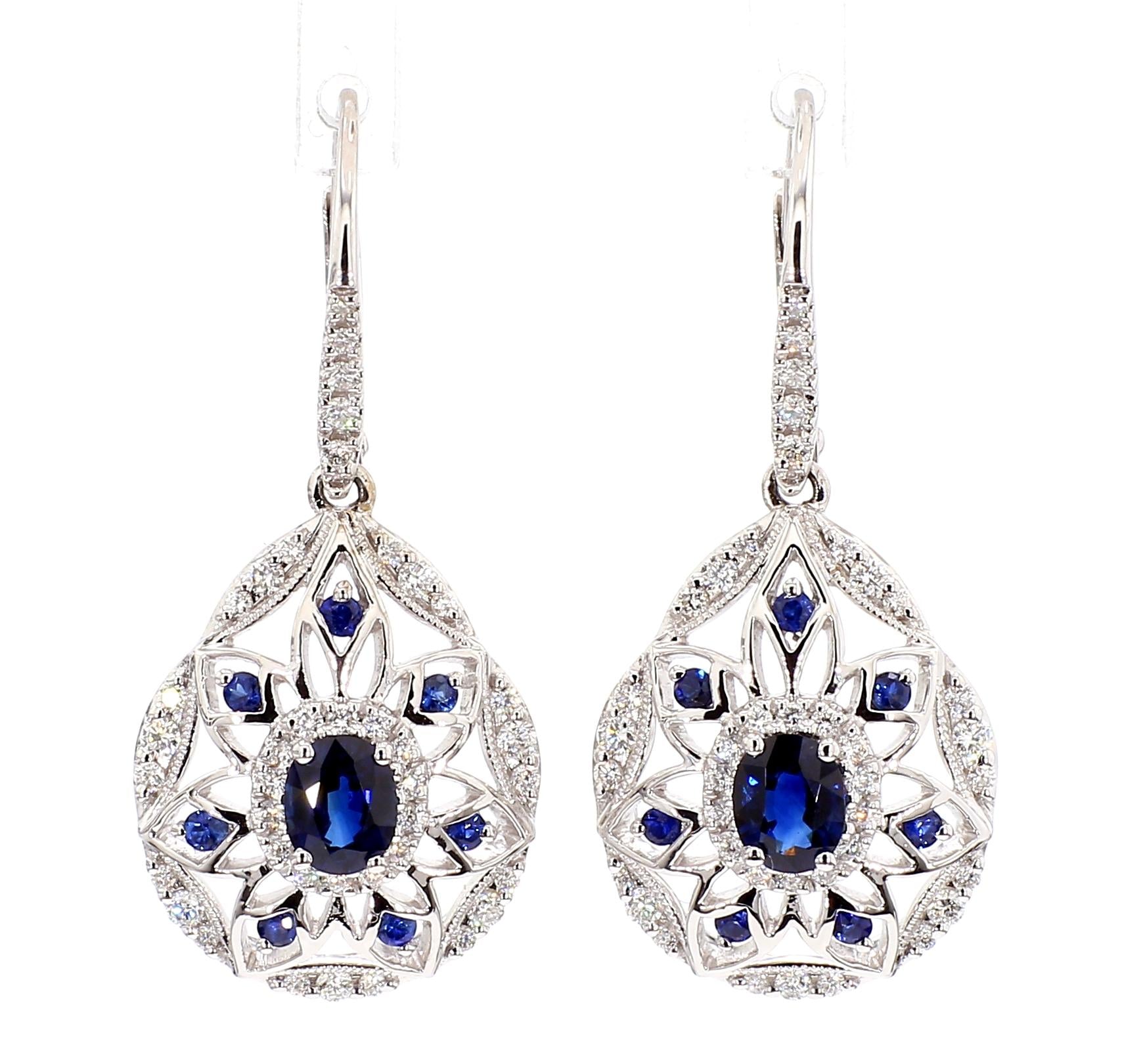 Natural Blue Oval Sapphire and White Diamond 1.67 Carat TW Gold Drop Earrings
