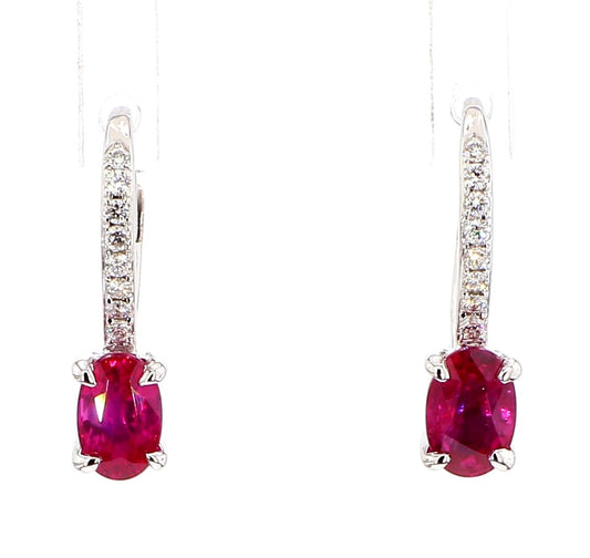 Natural Red Oval Ruby and White Diamond 1.24 Carat TW Gold Drop Earrings