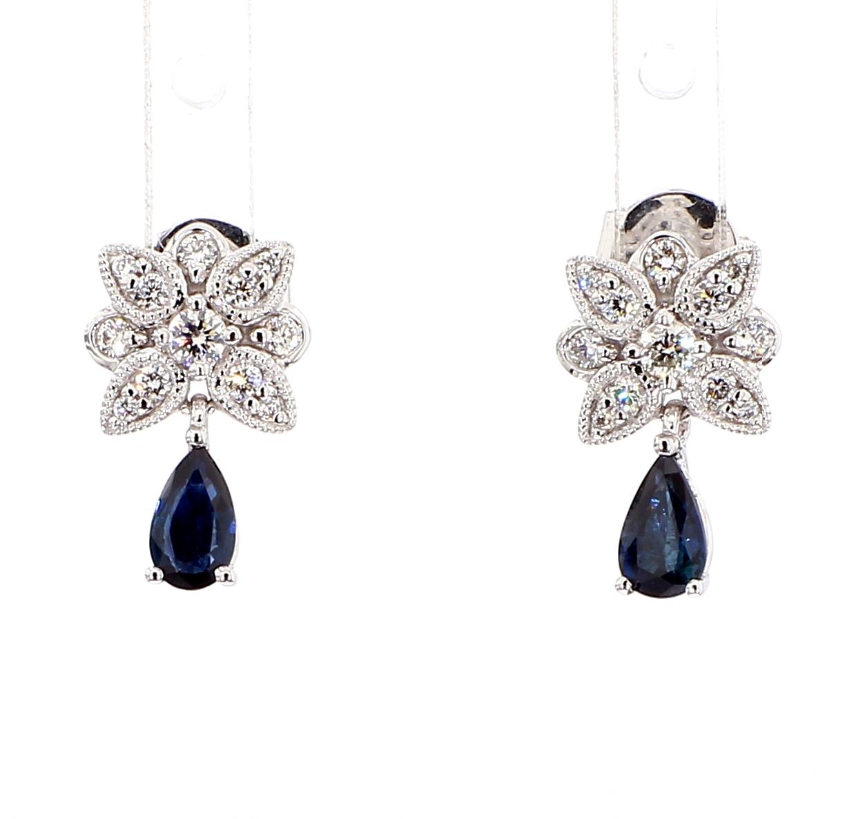 Natural Blue Pear Sapphire and White Diamond 0.80 Carat TW Gold Drop Earrings