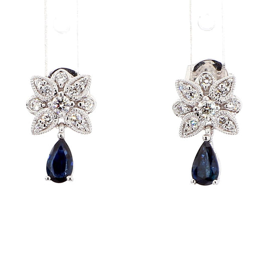 Natural Blue Pear Sapphire and White Diamond 0.80 Carat TW Gold Drop Earrings