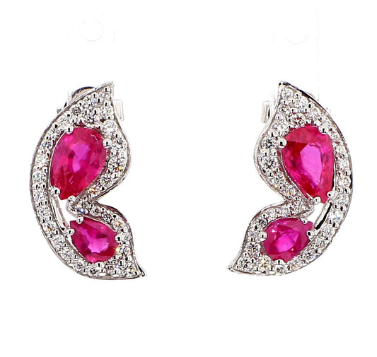 Natural Red Pear Ruby and White Diamond 1.65 Carat TW Gold Stud Earrings