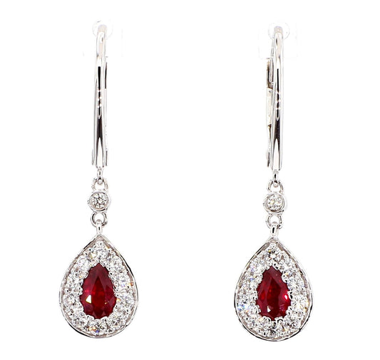 Natural Red Pear Ruby and White Diamond 0.82 Carat TW Gold Drop Earrings