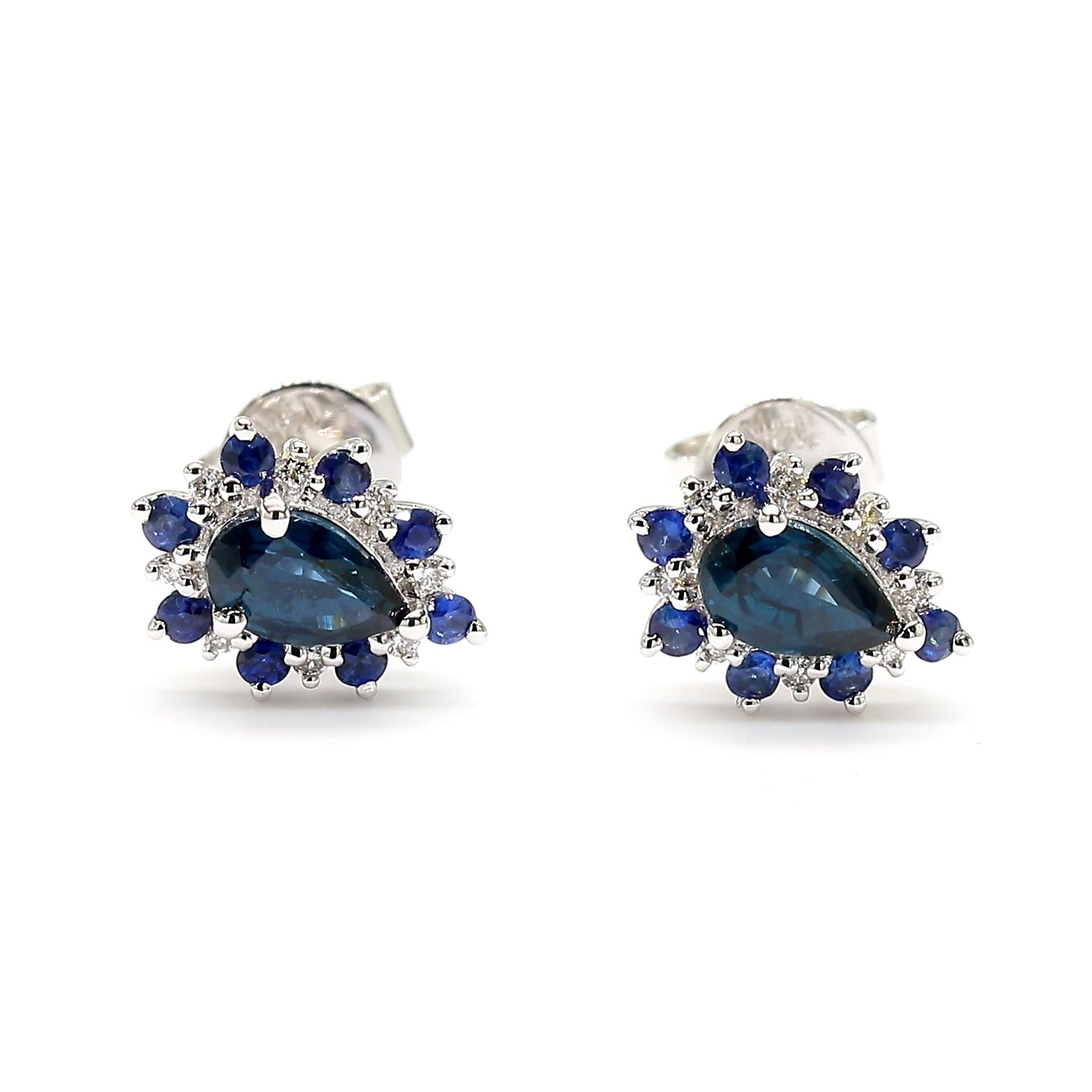 Natural Blue Pear Sapphire and White Diamond 0.82 Carat TW Gold Stud Earrings