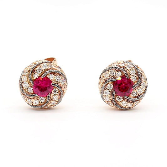 Natural Red Round Ruby and White Diamond 0.49 Carat TW Rose Gold Stud Earrings