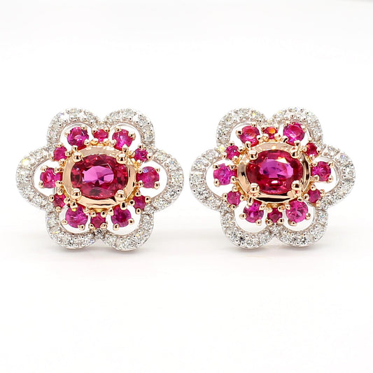 Natural Red Oval Ruby and White Diamond 1.68 Carat TW Gold Stud Earrings