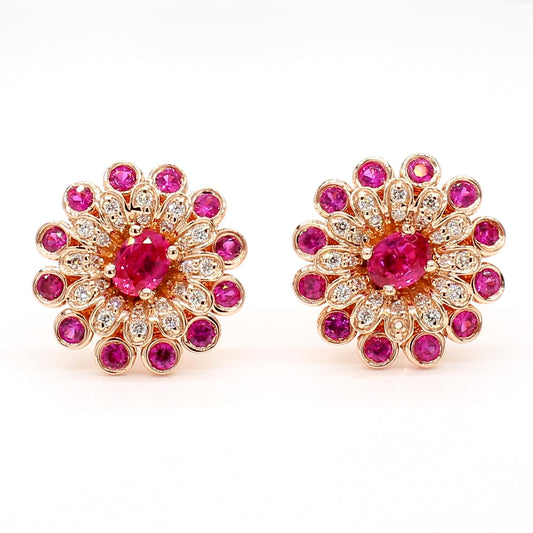 Natural Red Oval Ruby and White Diamond 1.32 Carat TW Gold Stud Earrings