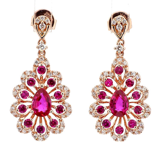 Natural Red Pear Ruby and White Diamond 1.81 Carat TW Gold Drop Earrings