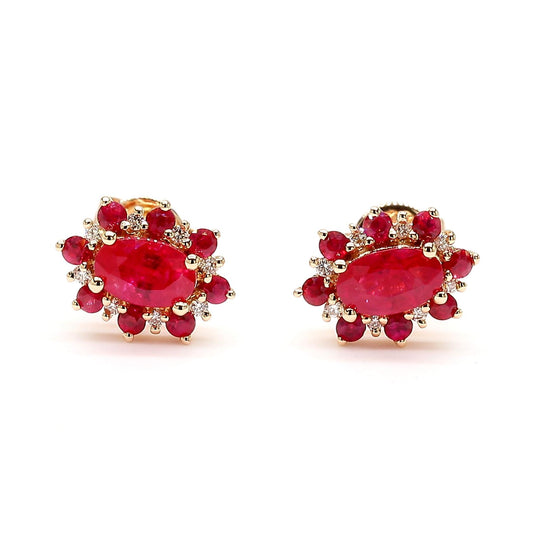 Natural Red Oval Ruby and White Diamond 0.93 Carat TW Gold Stud Earrings