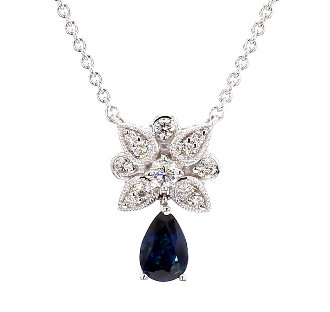 Natural Blue Pear Sapphire and White Diamond 0.57 Carat TW White Gold Necklace