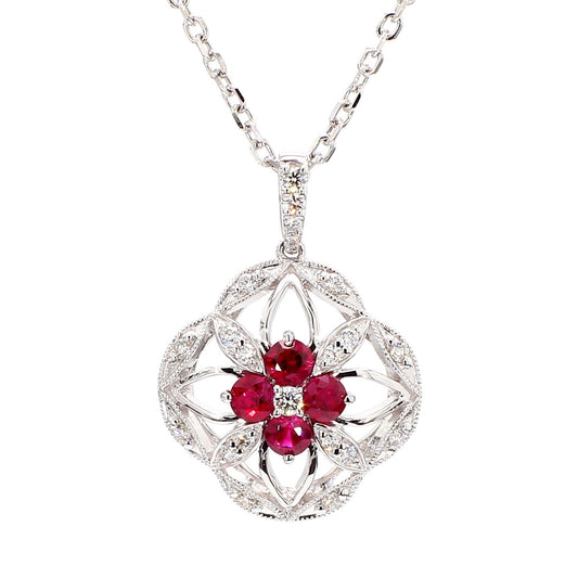 Natural Round Red Ruby and White Diamond .62 Carat TW White Gold Drop Necklace