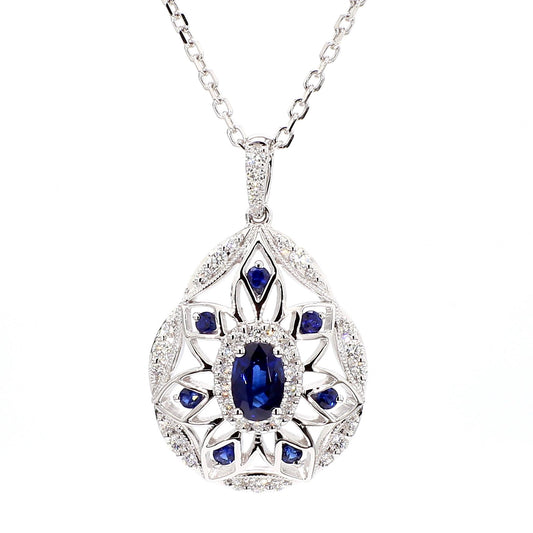 Natural Blue Oval Sapphire and White Diamond 1.08 Carat TW Gold Drop Pendant