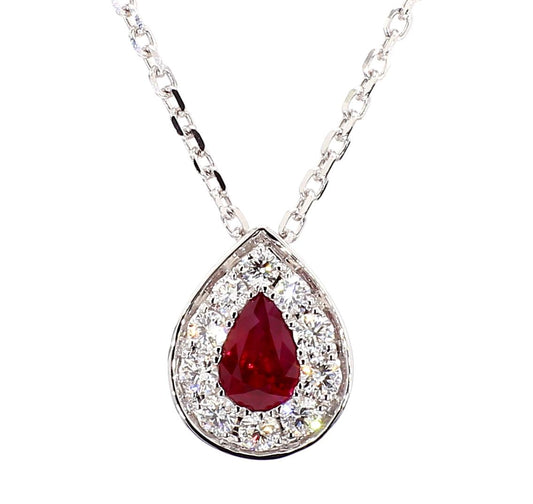 Natural Pear Red Ruby and White Diamond .76 Carat TW Gold Drop Pendant