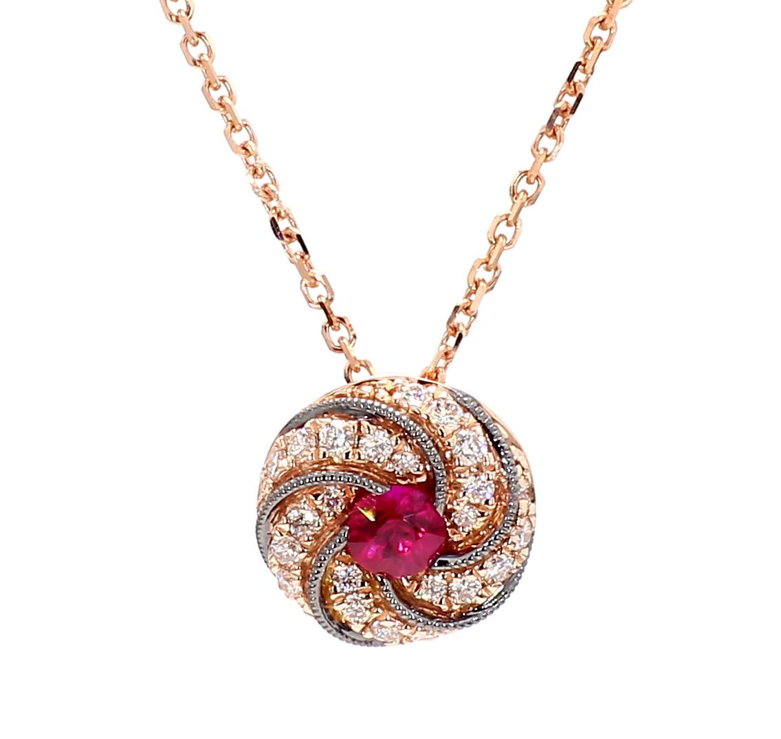 Natural Round Red Ruby and White Diamond .35 Carat TW Rose Gold Pendant