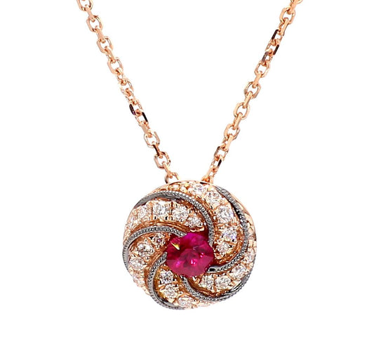 Natural Round Red Ruby and White Diamond .35 Carat TW Rose Gold Pendant