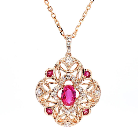 Natural Oval Red Ruby and White Diamond 1.09 Carat TW Gold Drop Pendant