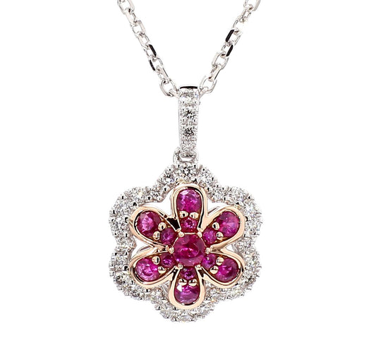 Natural Round Red Ruby and White Diamond .77 Carat TW Gold Drop Pendant
