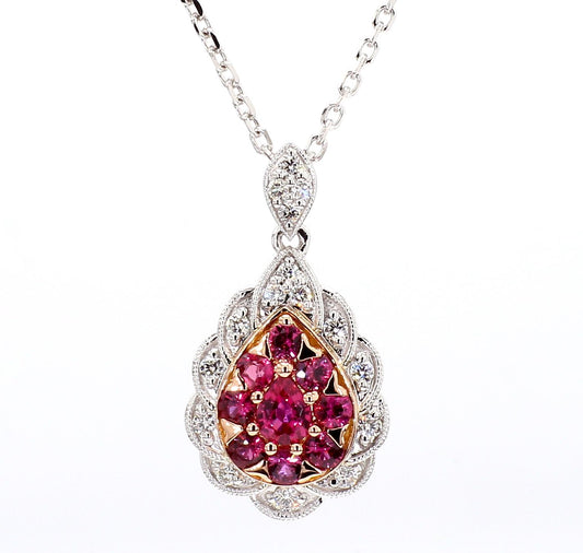 Natural Pear Red Ruby and White Diamond .91 Carat TW Gold Drop Pendant