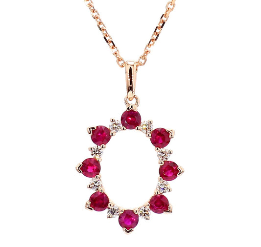 Natural Round Red Ruby and White Diamond .70 Carat TW Rose Gold Pendant