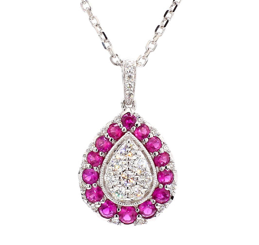 Natural Round Red Ruby and White Diamond 1.03 Carat TW Gold Drop Pendant