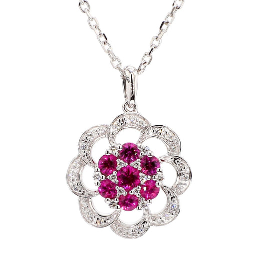 Natural Round Red Ruby and White Diamond 0.77 Carat TW Gold Drop Pendant