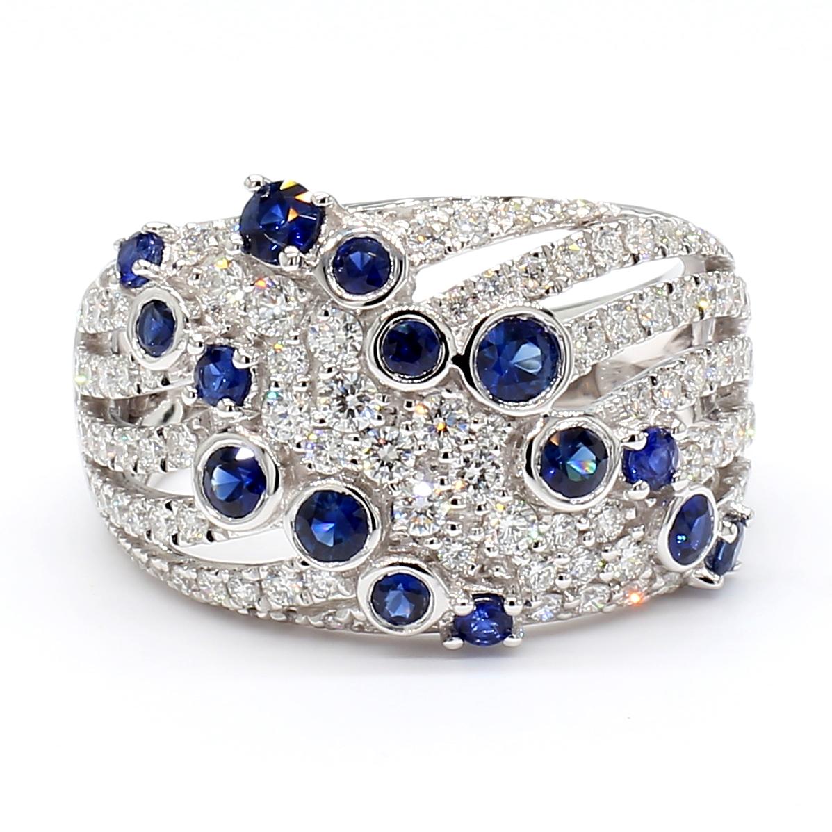 Natural Blue Round Sapphire and White Diamond 1.49 Carat TW Gold Cocktail Band