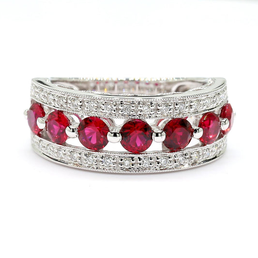 Natural Red Round Ruby and White Diamond 1.69 Carat TW Gold Cocktail Band