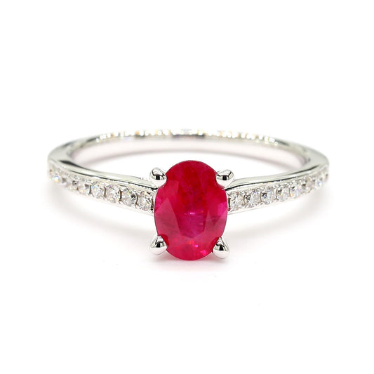 Natural Red Oval Ruby and White Diamond 1.06 Carat TW Gold Cocktail Ring