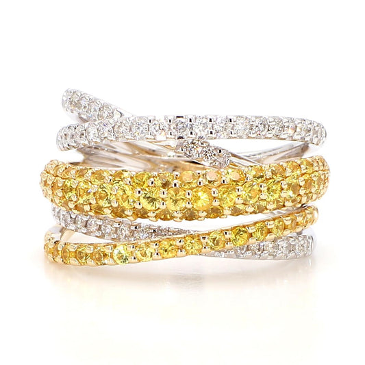 Natural Yellow Round Sapphire and White Diamond 1.86 Carat TW Gold Cocktail Ring