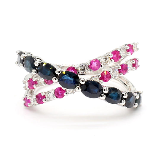 Natural Oval Sapphire and Diamond and Ruby 2.84 Carat TW Gold Cocktail Band