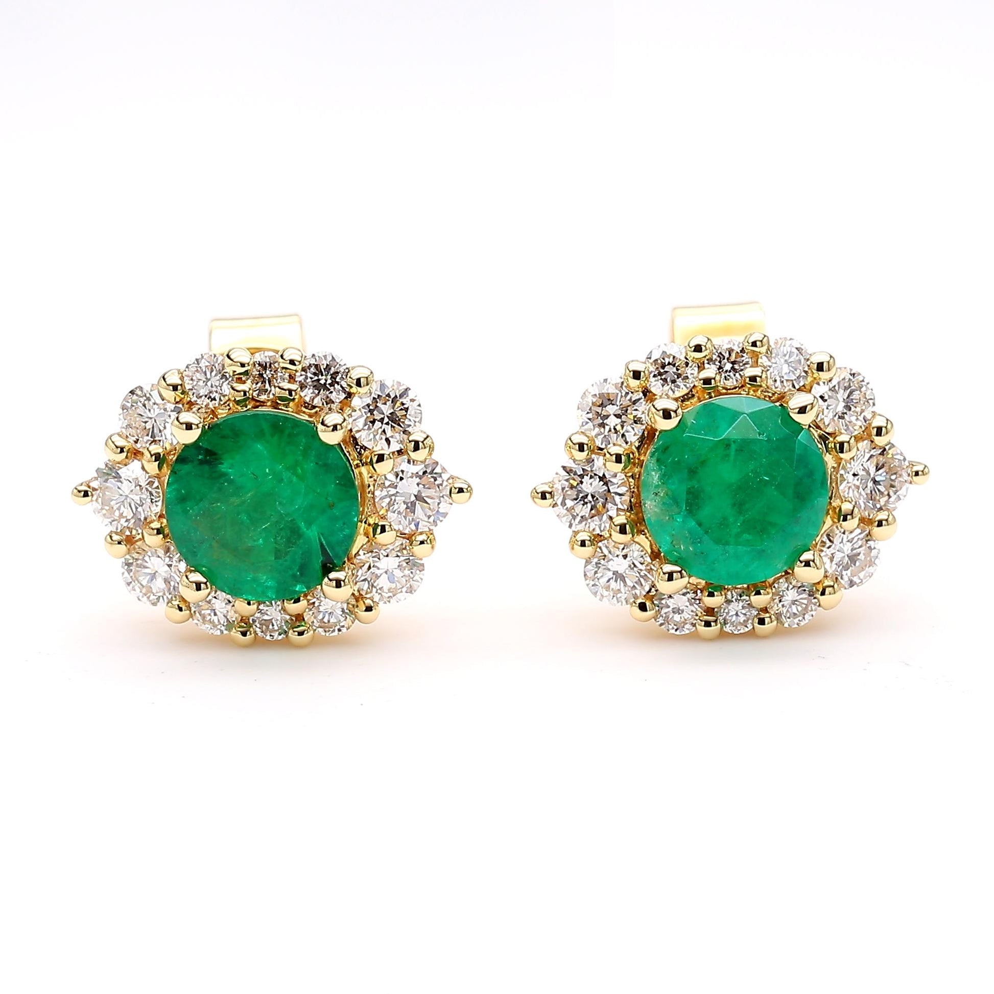 Natural Round Emerald and White Diamond 1.62 Carat TW Gold Stud Earrings